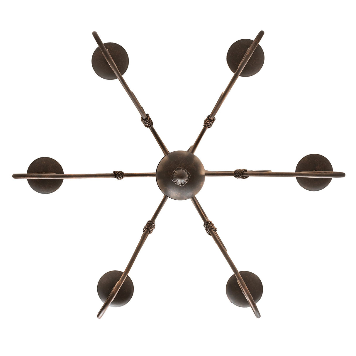 Bottom view of 6-light chandelier showing arm layout and center hub.