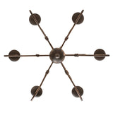 Bottom view of 6-light chandelier showing arm layout and center hub.