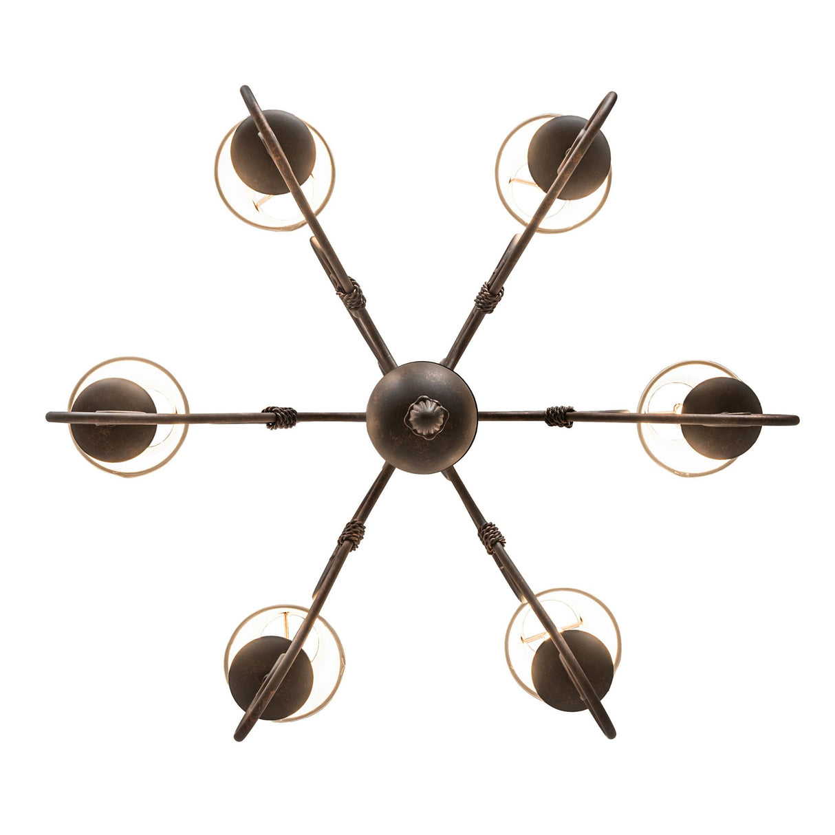 Bottom view of Squire chandelier showing 6-light layout and scroll arms.