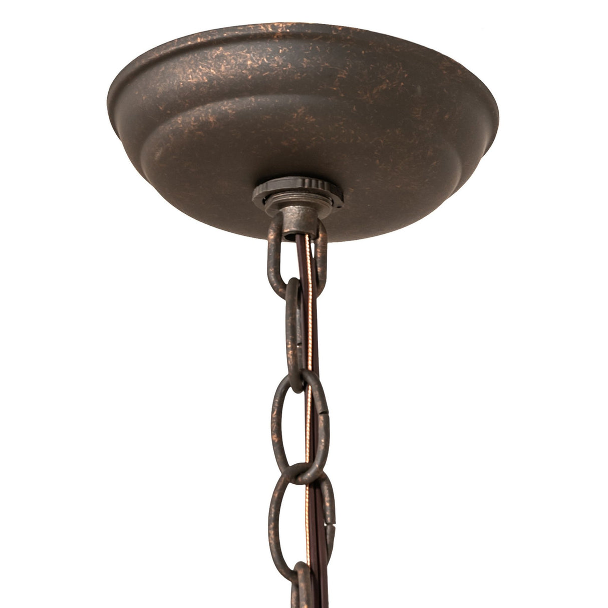 Ceiling canopy and chain detail in gilded tobacco finish.