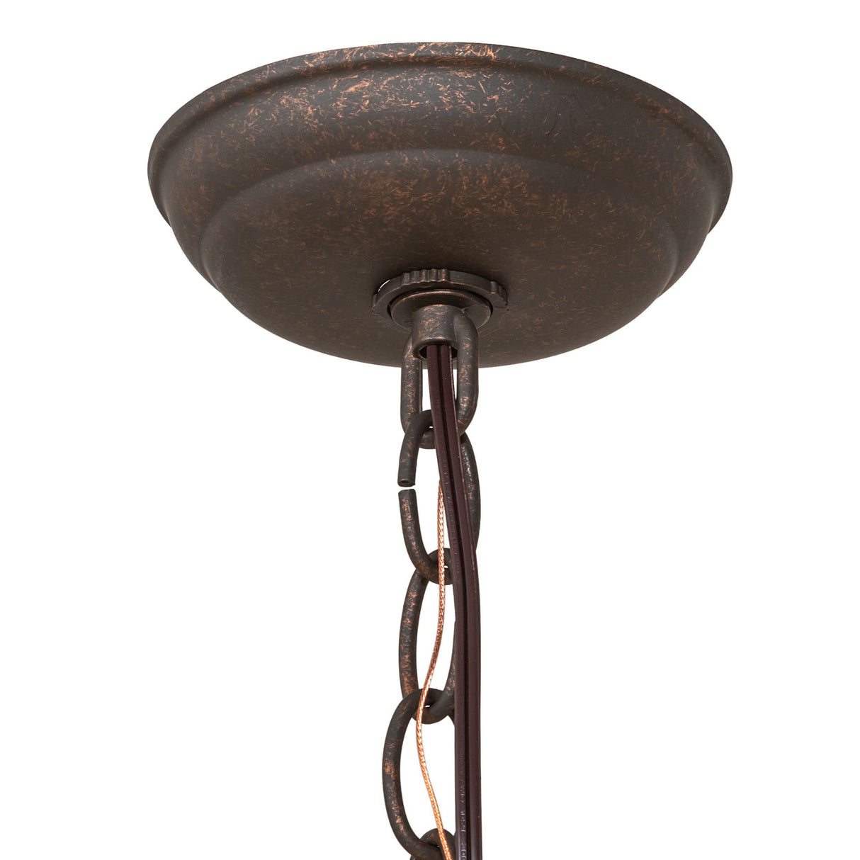 Closeup of Squire ceiling canopy and chain in gilded tobacco finish.