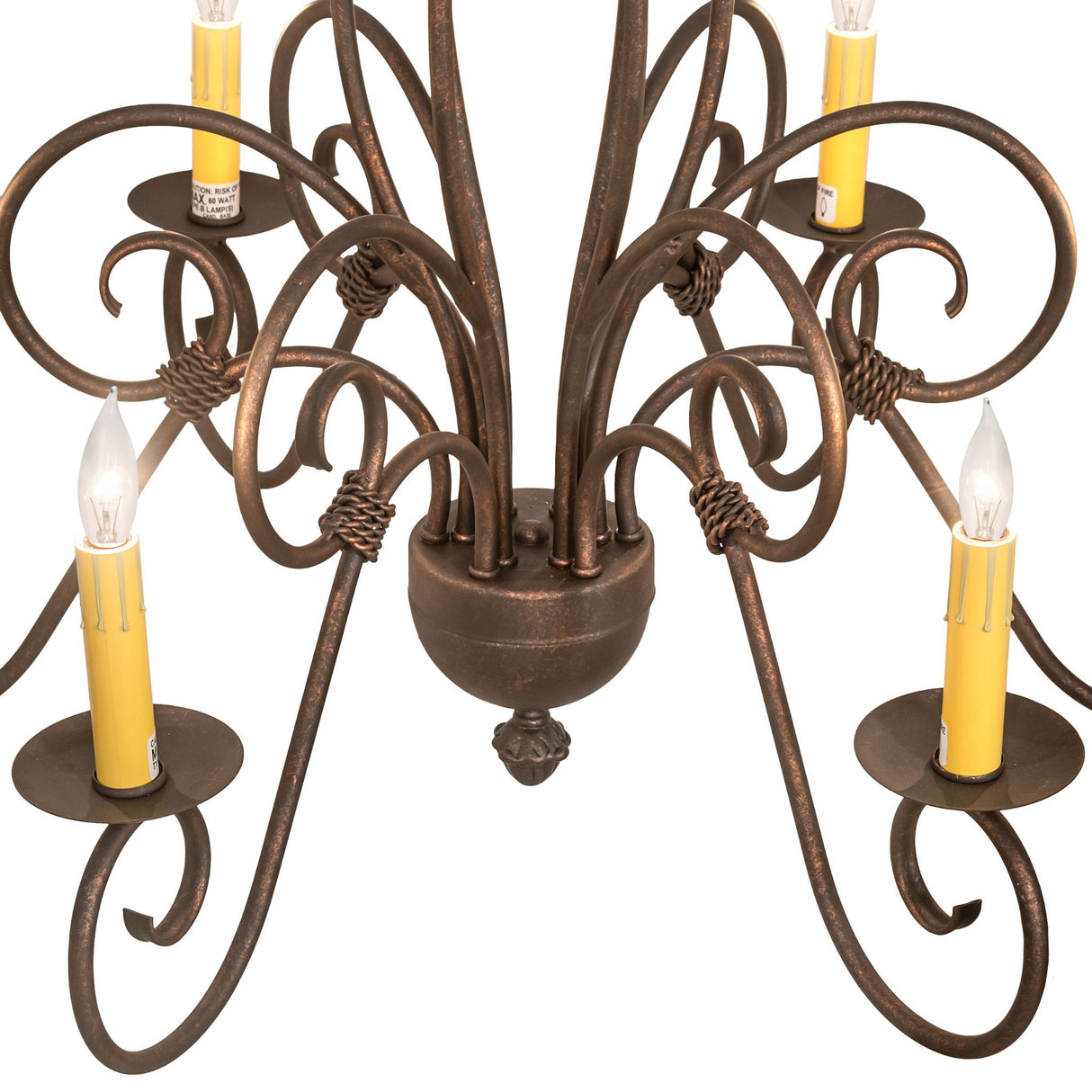 Close-up of center body and curved arms on Squire 6-light chandelier.