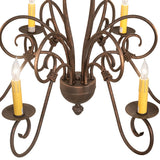 Close-up of center body and curved arms on Squire 6-light chandelier.