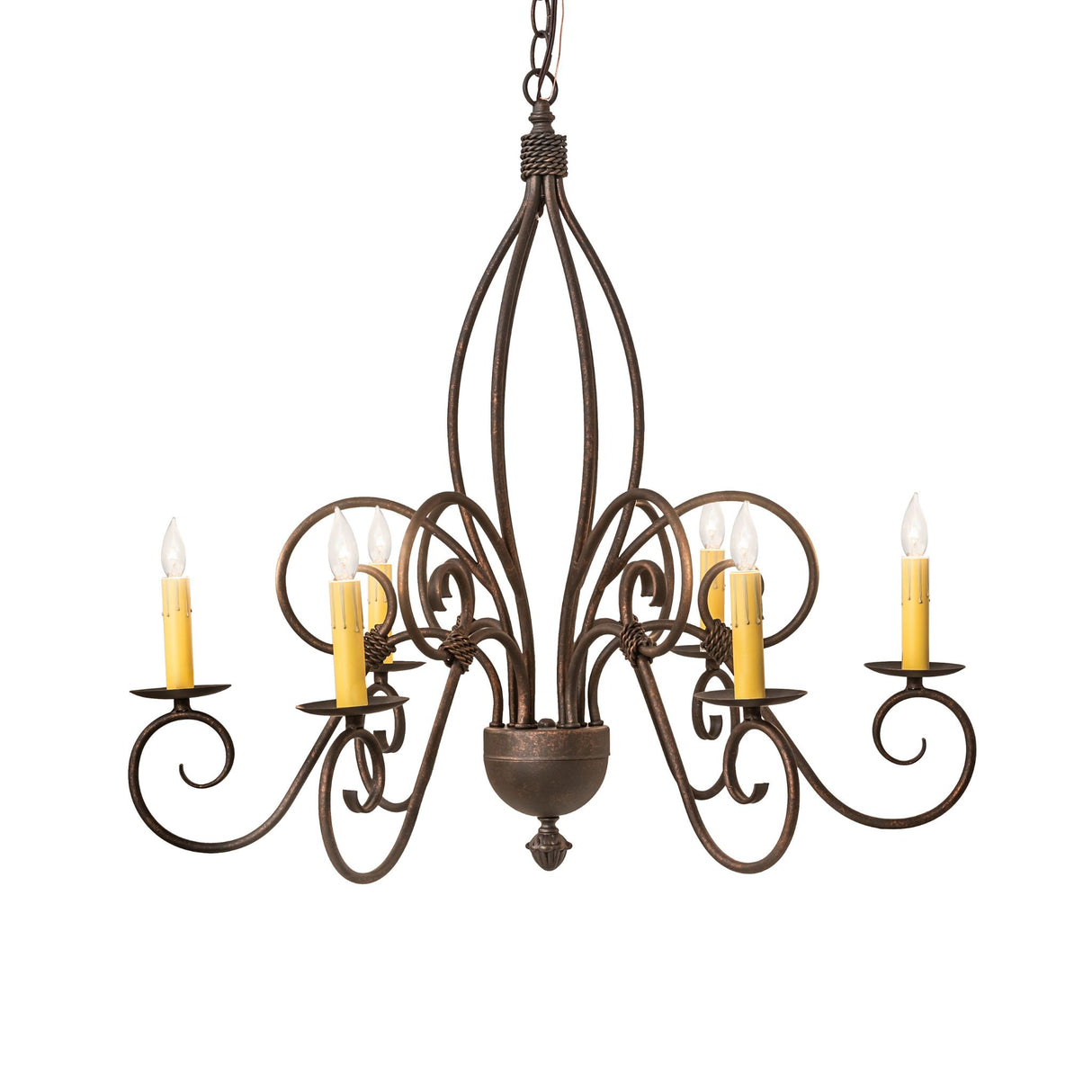 Front view of 6-light chandelier with scrolled iron arms, gilded tobacco finish.