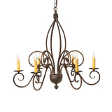Front view of 6-light chandelier with scrolled iron arms, gilded tobacco finish.