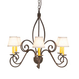 Front view of 6-light chandelier with scroll arms and off-white shades.