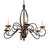 Lit view of Squire 6 light chandelier illuminated with ivory candle lights.