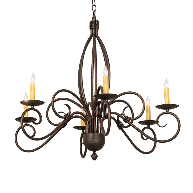 Lit view of Squire 6 light chandelier illuminated with ivory candle lights.