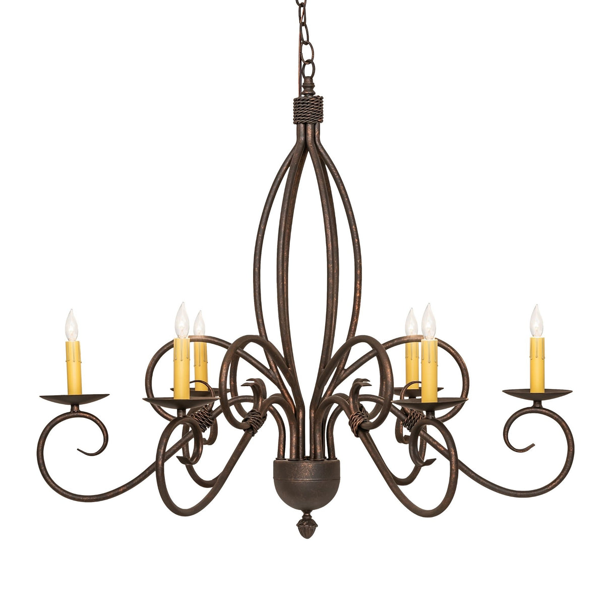 Symmetrical design of six light chandelier showing arms and candlelights.