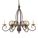 Symmetrical design of six light chandelier showing arms and candlelights.