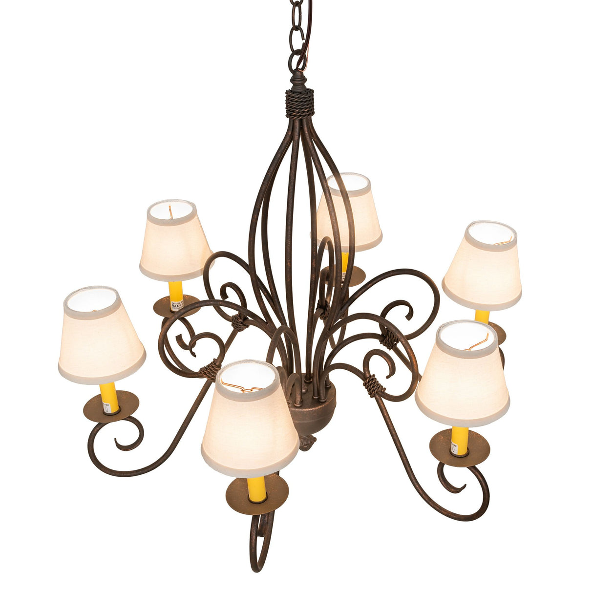 Top angle view of Squire chandelier showing curved iron arms and shades.