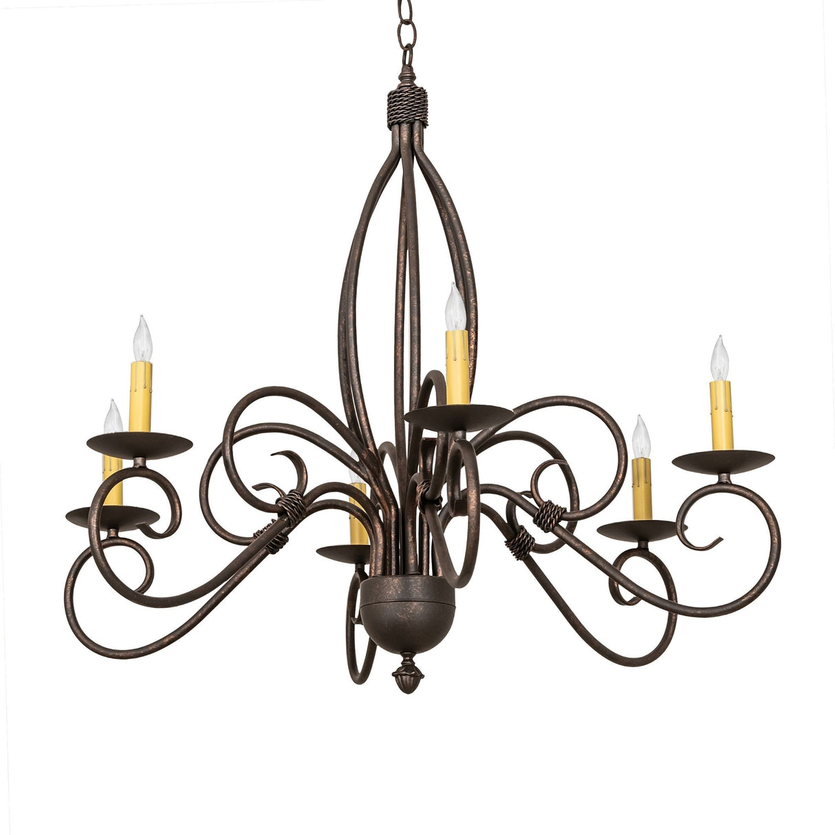 Squire six light wrought iron chandelier unlit view.