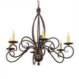 Squire six light wrought iron chandelier unlit view.