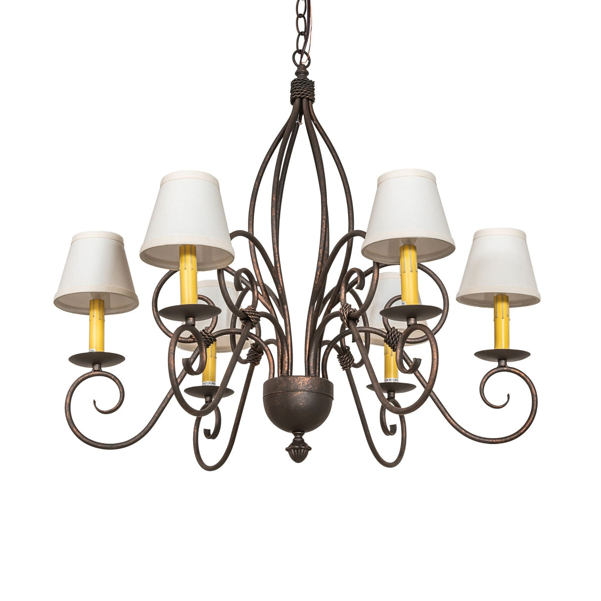 Unlit view of 6 light chandelier with off-white shades and gilded tobacco finish.