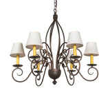 Unlit view of 6 light chandelier with off-white shades and gilded tobacco finish.