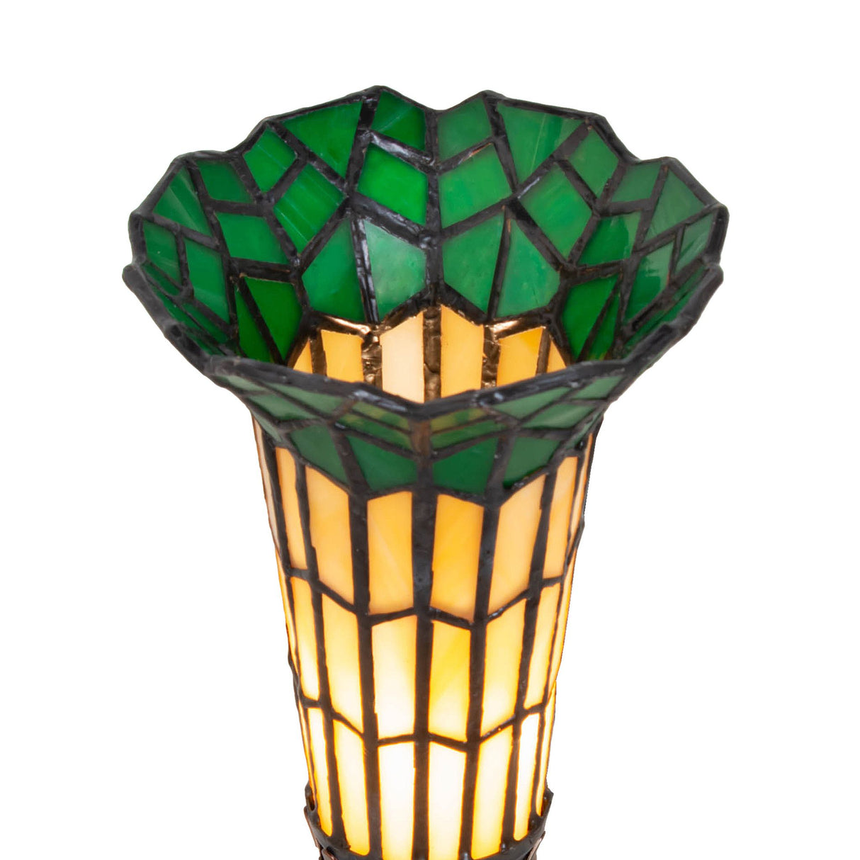 Close-up of the green and amber stained glass on the pond lily lamp.