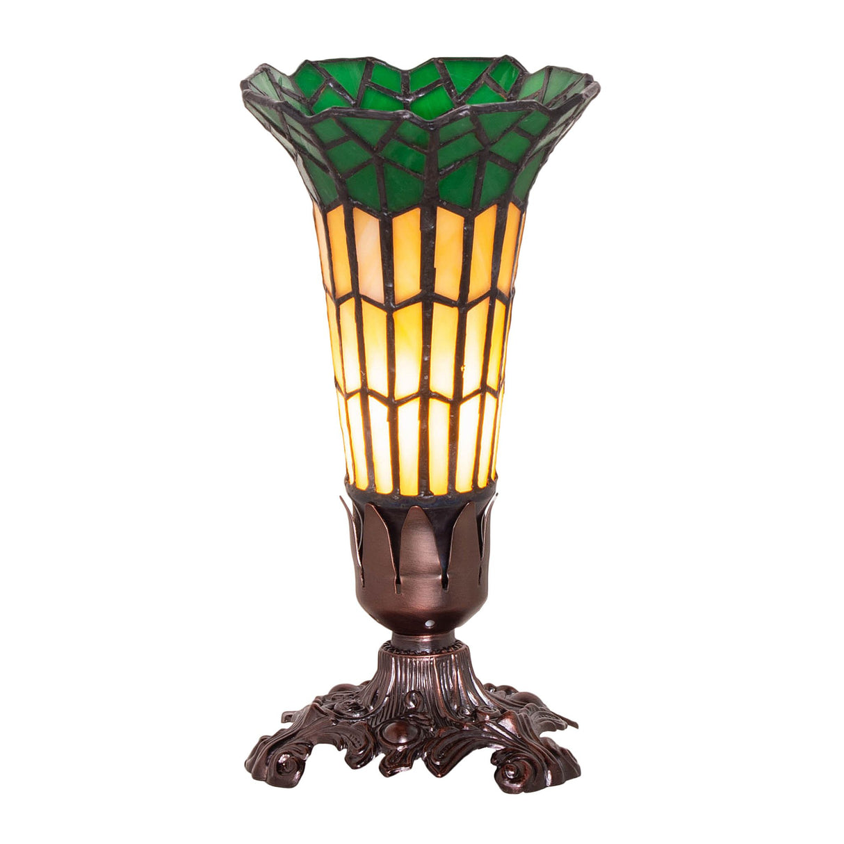 Front view of the stained glass pond lily lamp with detailed base.