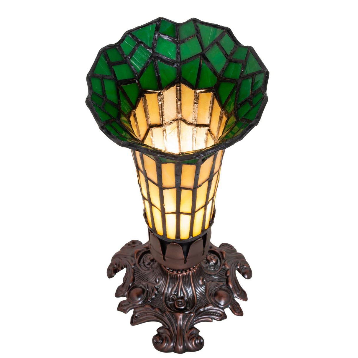 Top view of the pond lily stained glass lamp with glowing shade.