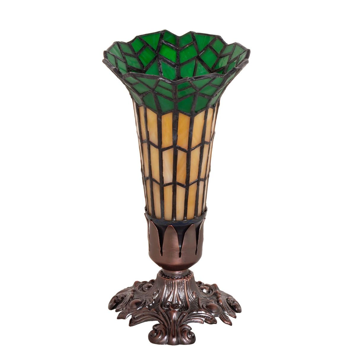 Victorian pond lily lamp with green and amber stained glass shade.