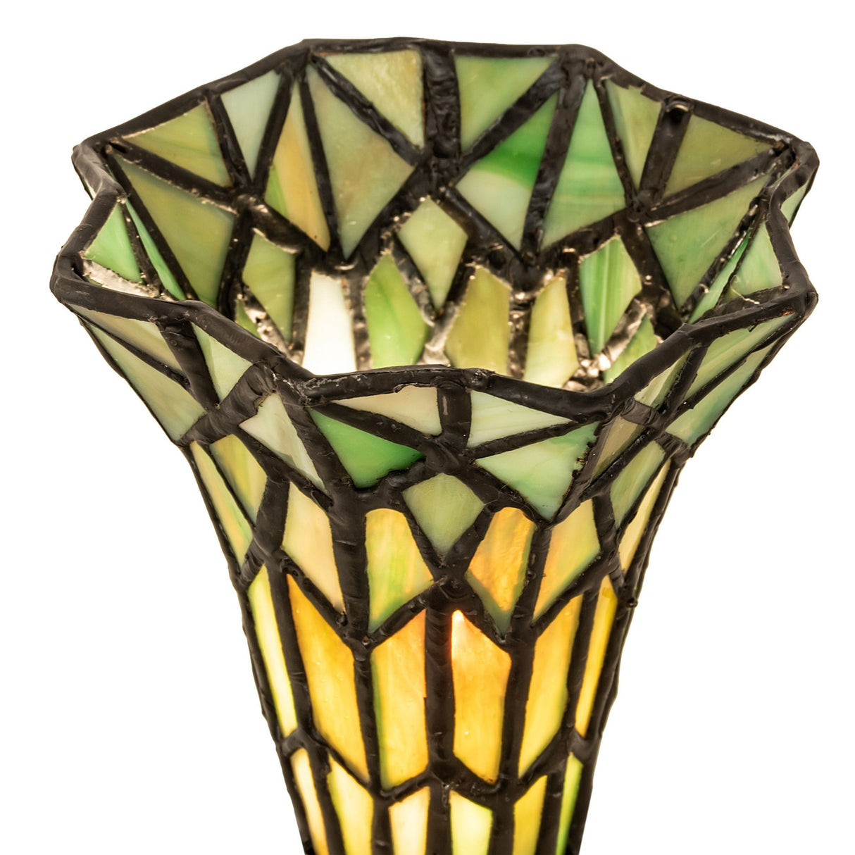 Close-up of the stained glass shade on the 13" High Pond Lily Twin Cherub Accent Lamp.