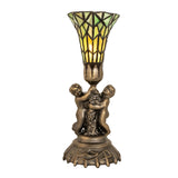 Front view of the stained glass Pond Lily Twin Cherub Accent Lamp with intricate details and green Tiffany-style shade.