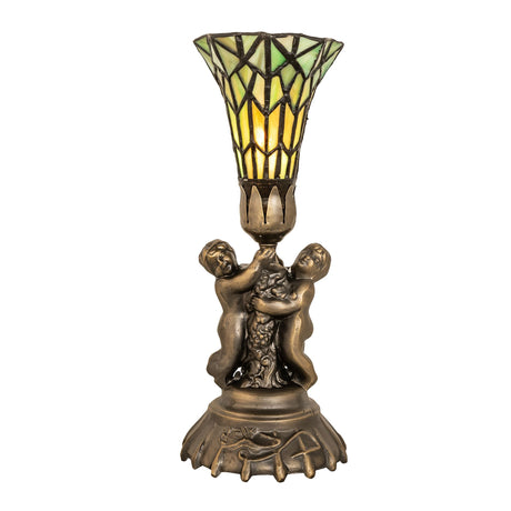 Front view of the stained glass Pond Lily Twin Cherub Accent Lamp with intricate details and green Tiffany-style shade.