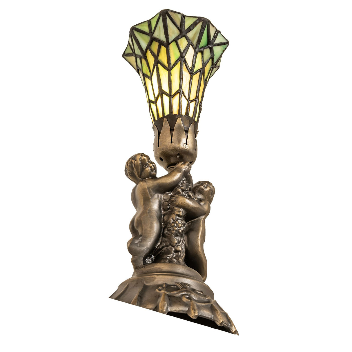 Stained glass Pond Lily Twin Cherub Accent Lamp illuminated, showcasing warm tones from its Tiffany-style shade.