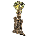Stained glass Pond Lily Twin Cherub Accent Lamp illuminated, showcasing warm tones from its Tiffany-style shade.