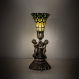 Illuminated view of the 13" High Stained Glass Pond Lily Twin Cherub Accent Lamp.