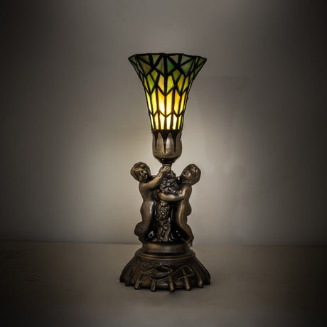 Illuminated view of the 13" High Stained Glass Pond Lily Twin Cherub Accent Lamp.