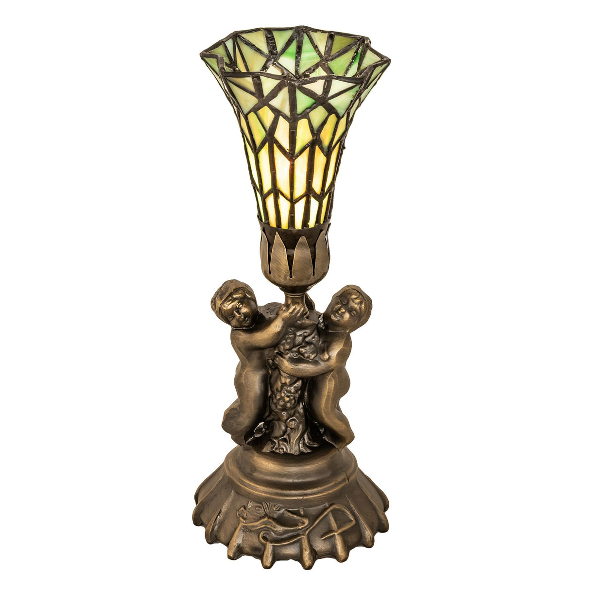 Main view of the 13" High Stained Glass Pond Lily Twin Cherub Accent Lamp.