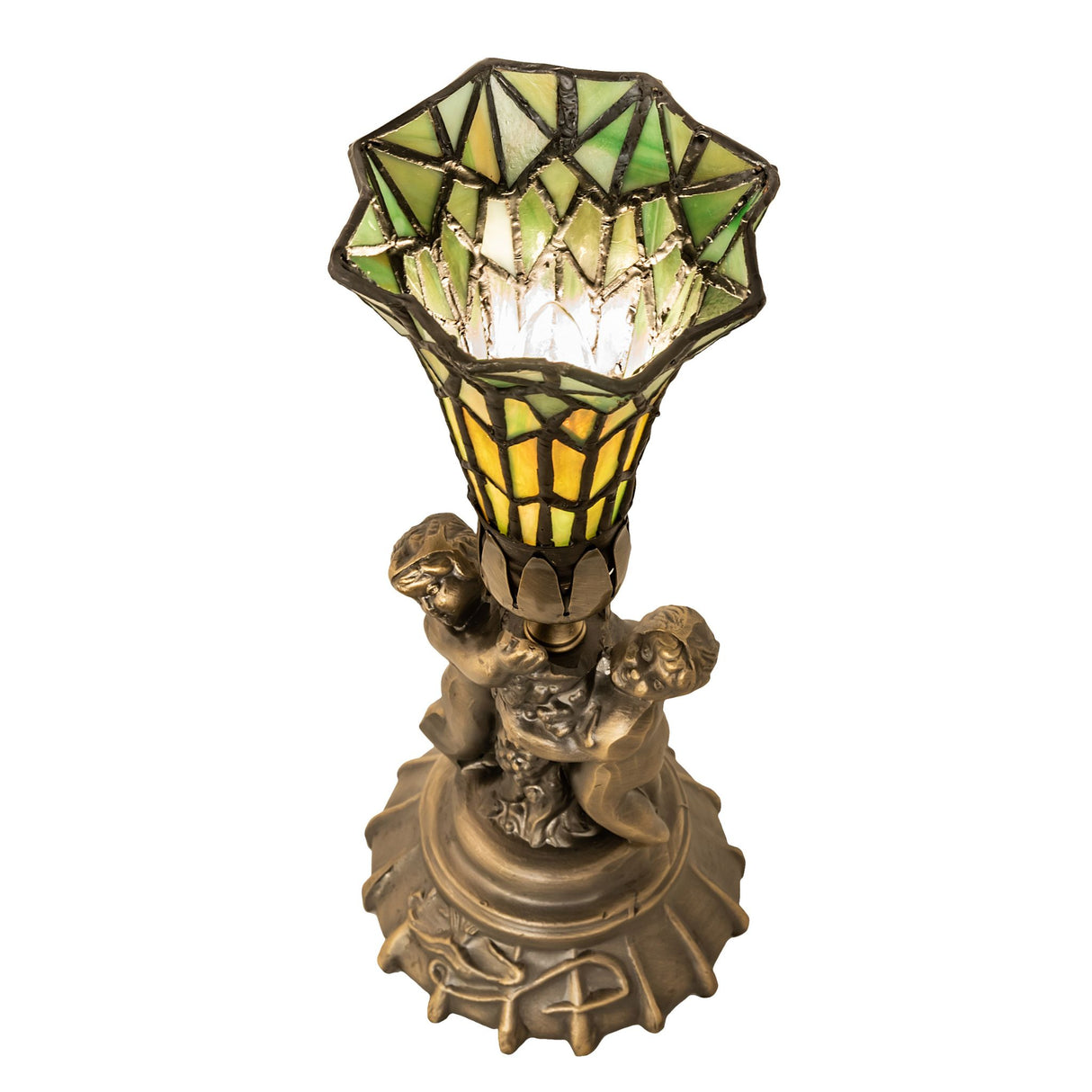 Top-down view of the 13" High Stained Glass Pond Lily Twin Cherub Accent Lamp showcasing the stained glass.