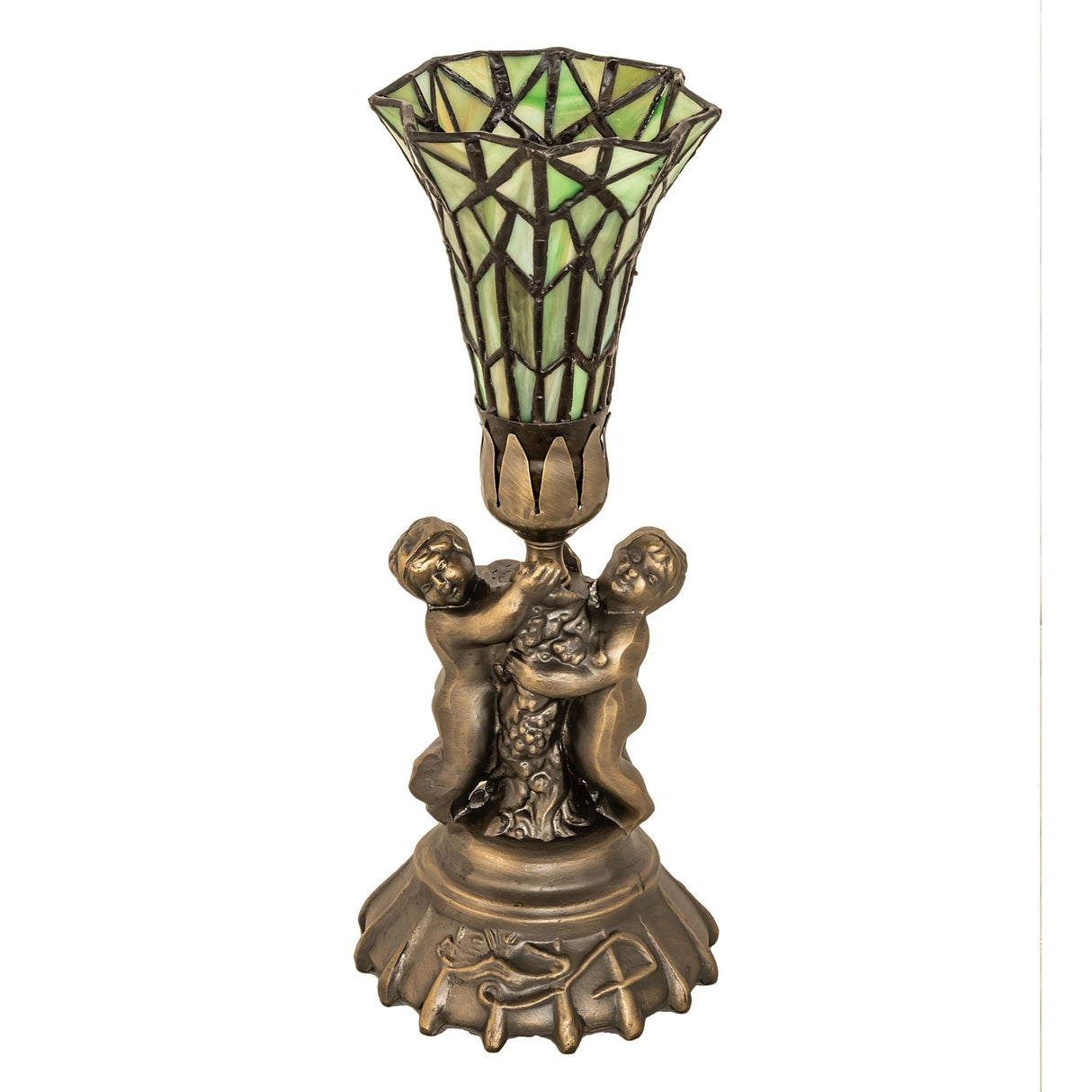 Unlit view of the 13" High Stained Glass Pond Lily Twin Cherub Accent Lamp.