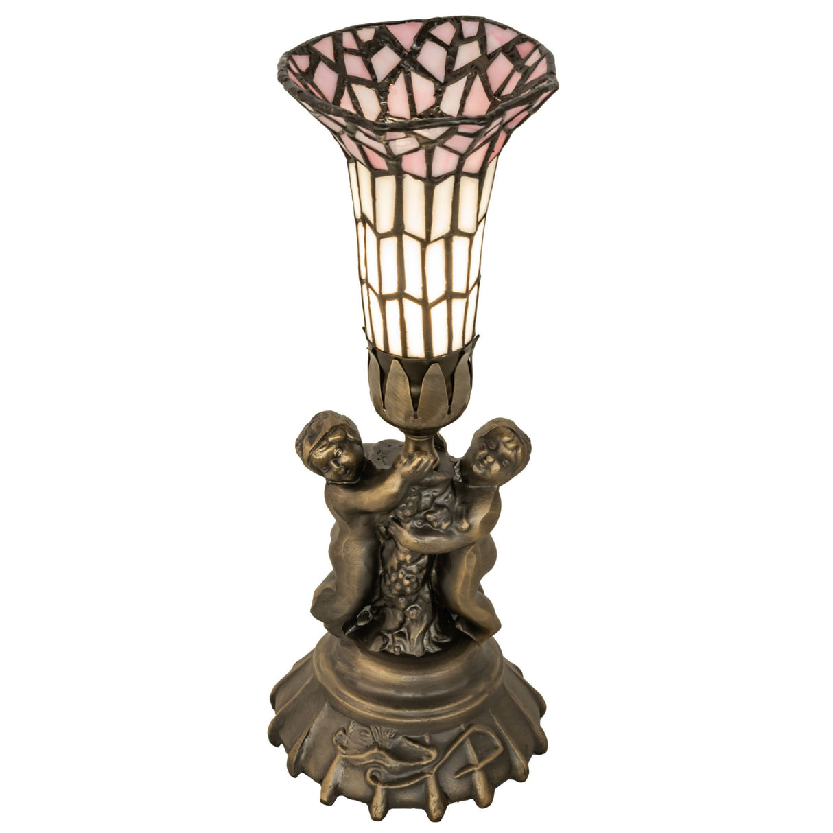 Angled view of 13" stained glass Pond Lily Twin Cherub accent lamp with pink shade.