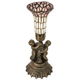 Angled view of 13" stained glass Pond Lily Twin Cherub accent lamp with pink shade.