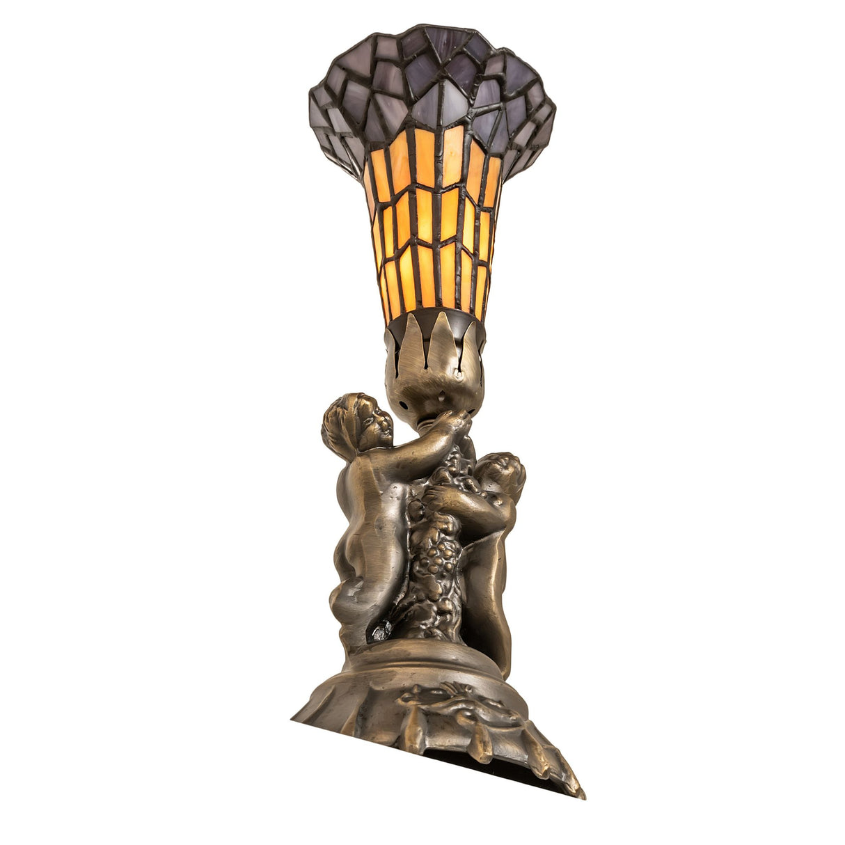 Angled view of stained glass pond lily twin cherub lamp highlighting artistic craftsmanship.
