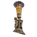 Angled view of stained glass pond lily twin cherub lamp highlighting artistic craftsmanship.