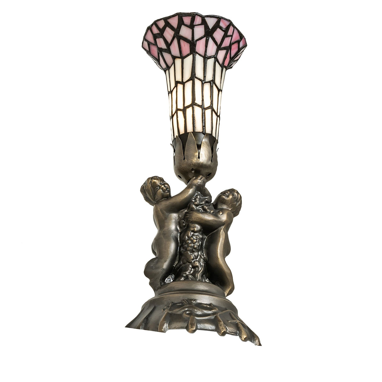 Bottom view showcasing the intricate base details of the Pond Lily Twin Cherub accent lamp.