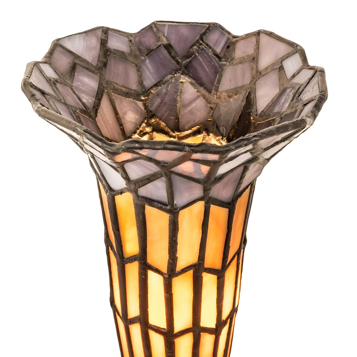Close-up of the handcrafted stained glass shade with red and white art glass.