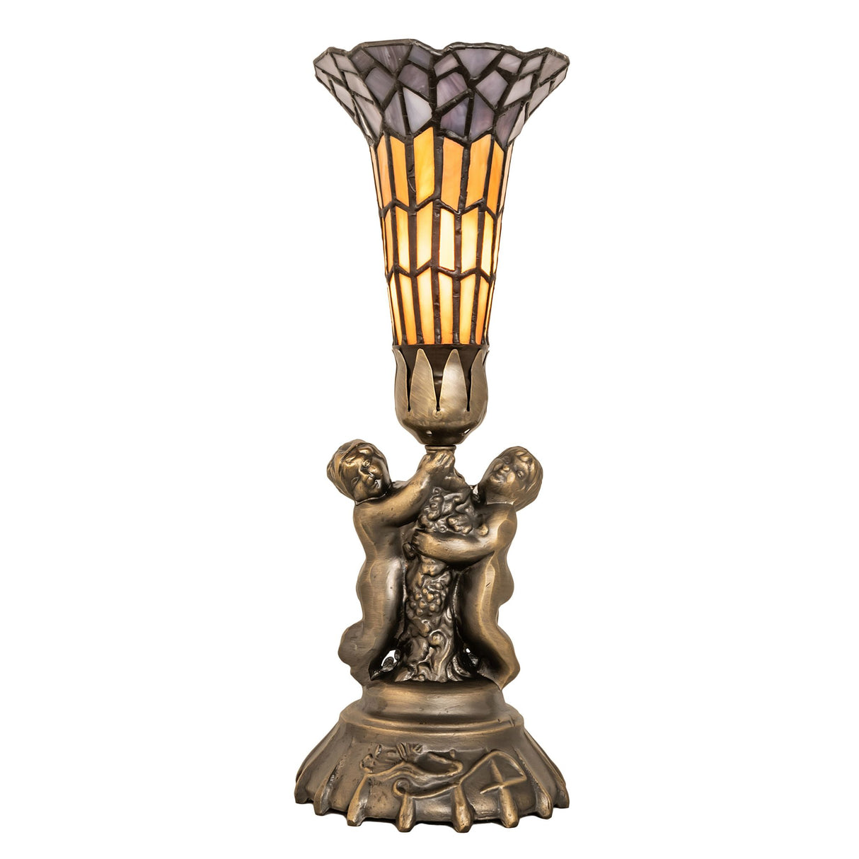 Daylight view of stained glass pond lily twin cherub accent lamp with vibrant colors.