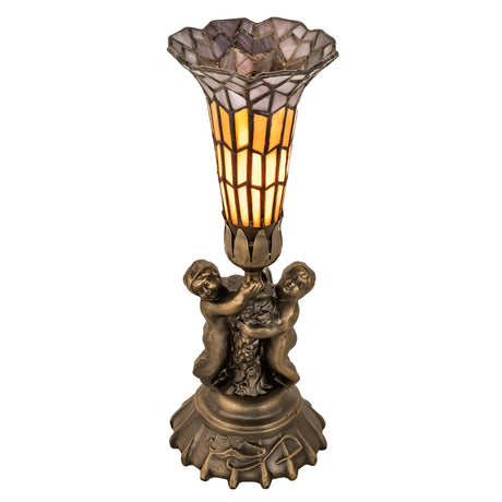 Front view of stained glass pond lily twin cherub accent lamp with antique brass finish.
