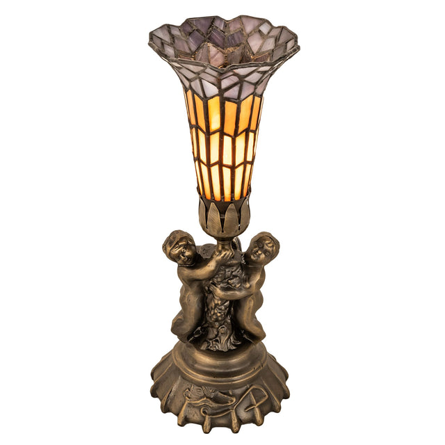 Front view of stained glass pond lily twin cherub accent lamp with antique brass finish.