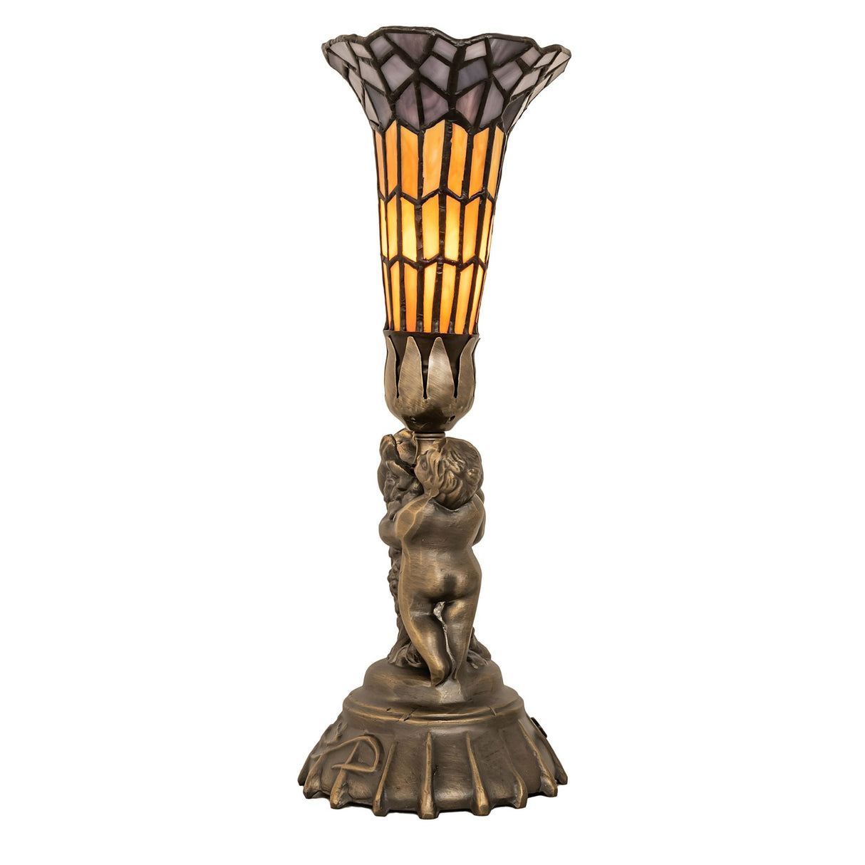 Side view of stained glass pond lily twin cherub accent lamp with intricate details.