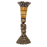Side view of stained glass pond lily twin cherub accent lamp with intricate details.