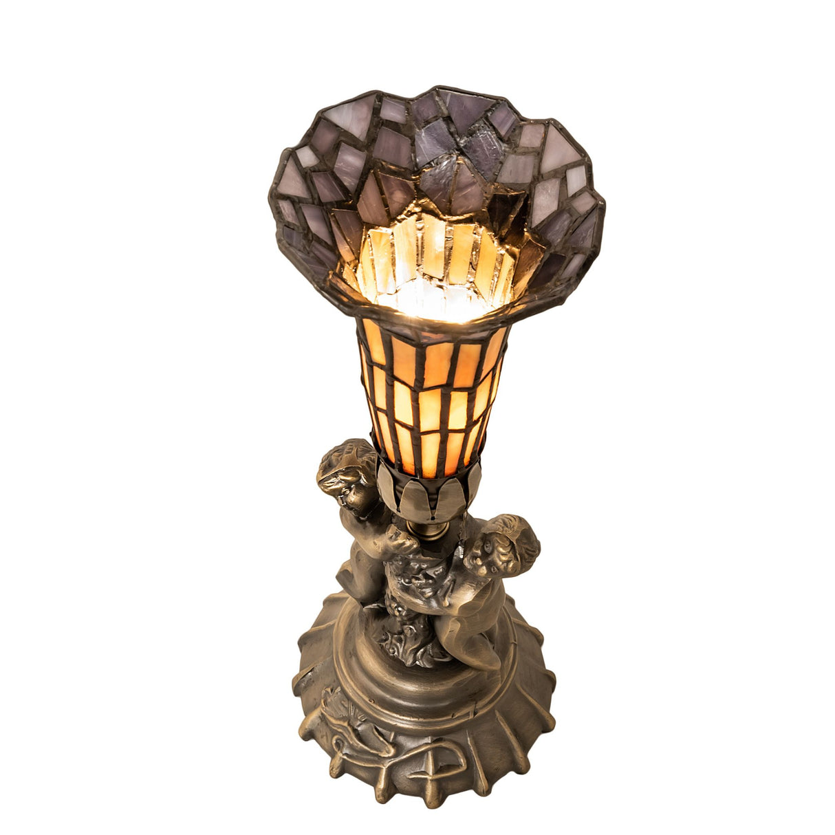 Top view showing the detailed stained glass shade of the pond lily twin cherub lamp.