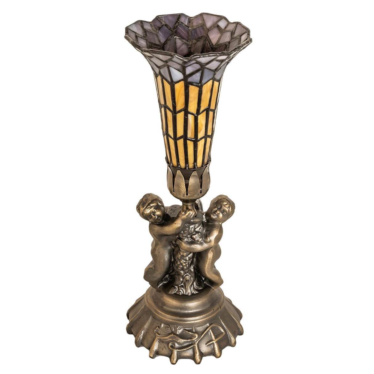 Unlit view of the stained glass pond lily twin cherub lamp emphasizing the base design.
