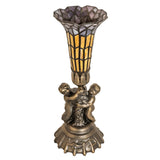Unlit view of the stained glass pond lily twin cherub lamp emphasizing the base design.