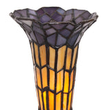 Close-up of the amber and pink stained glass shade on the Pond Lily Victorian lamp.