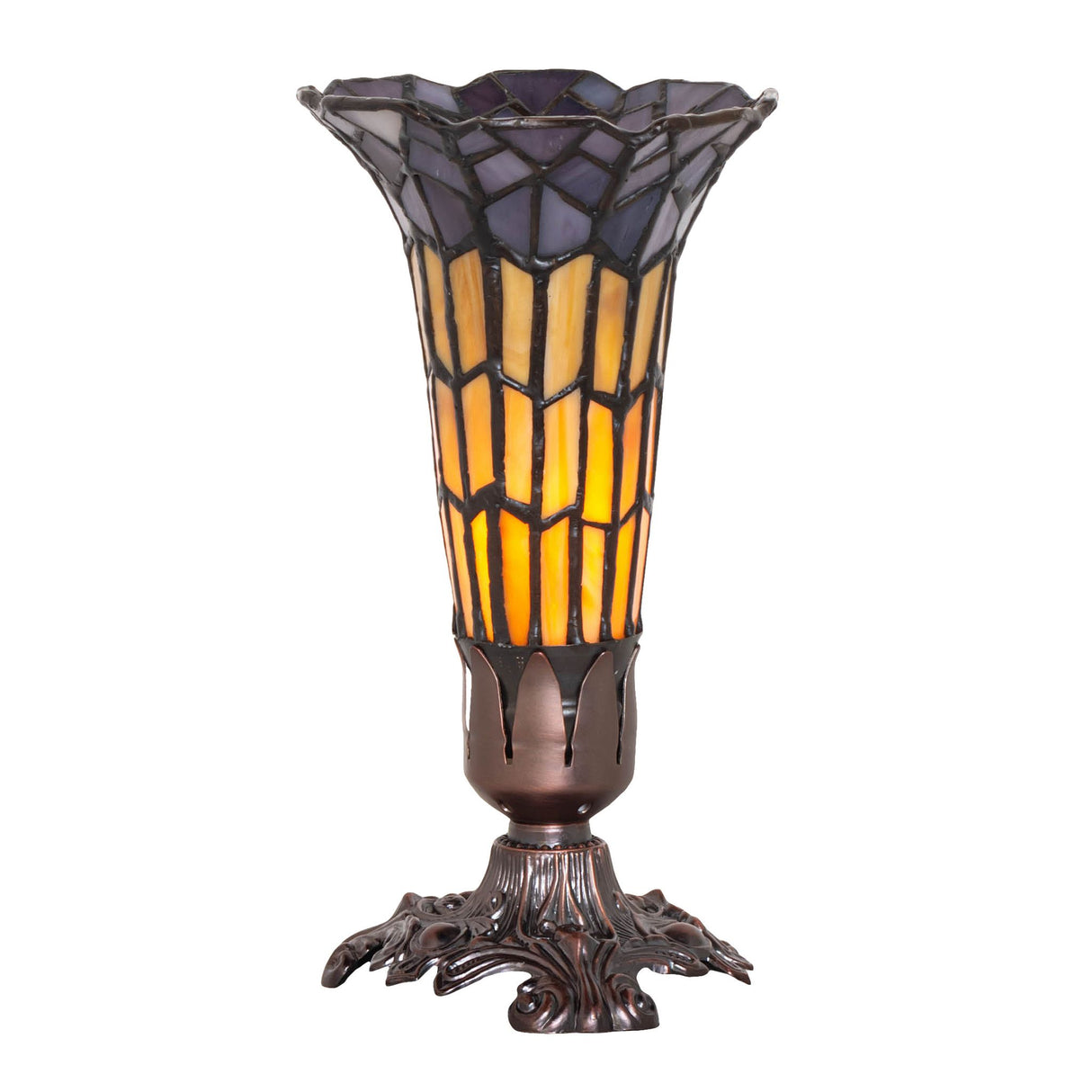 Illuminated front view of the 8" high stained glass Pond Lily Victorian accent lamp.