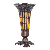 Illuminated front view of the 8" high stained glass Pond Lily Victorian accent lamp.